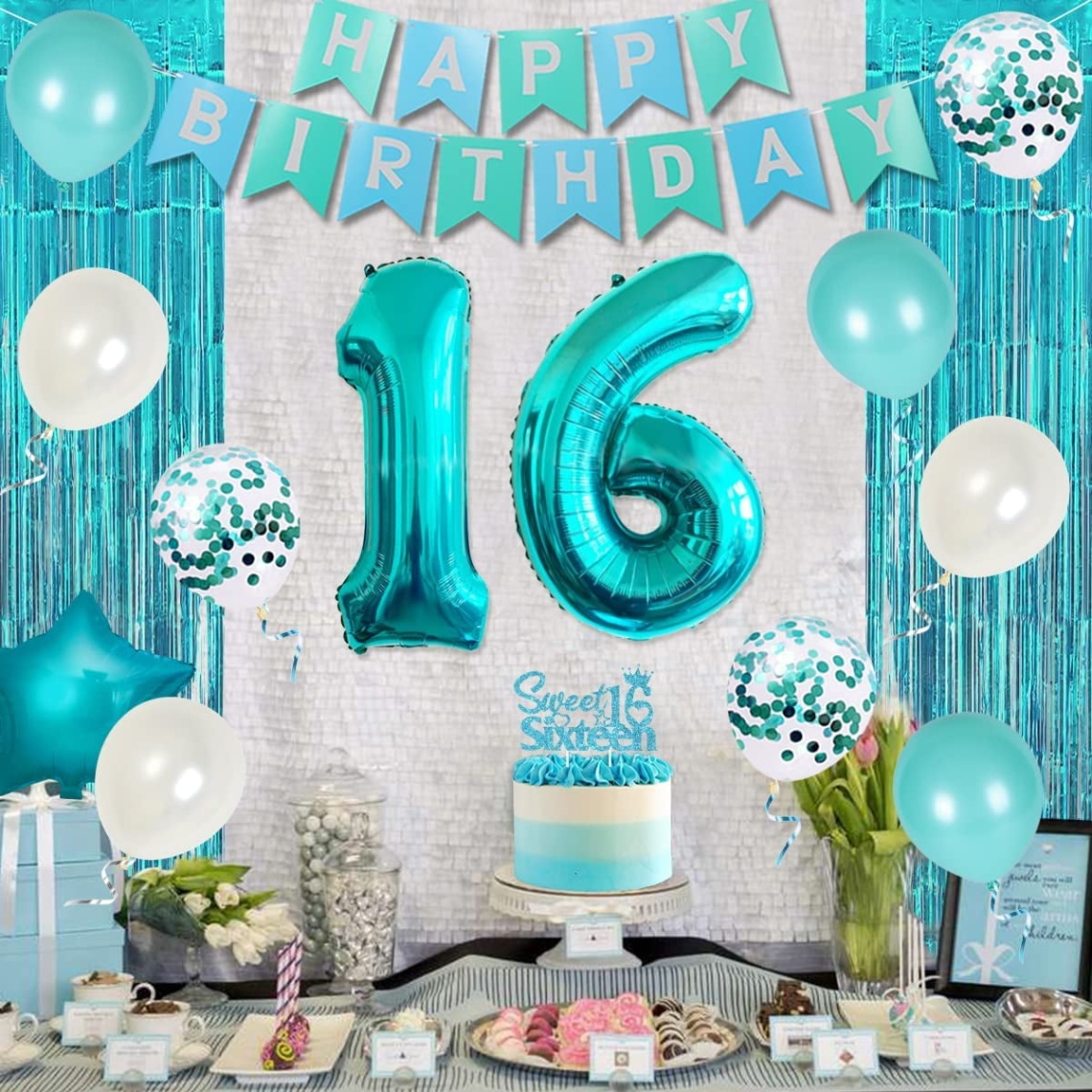 Backdate 1 Th Birthday Decorations For Girl Teal - Sweet  Birthday Party Supplies  Number  Foil Balloon Happy Birthday Banner Sweet  Sash Turquoise Fringe