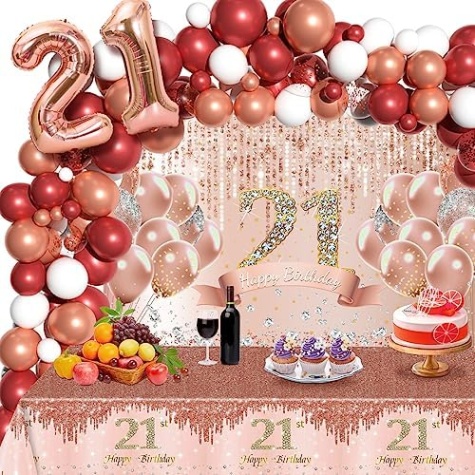 Backdate 2 St Birthday Decorations For Her - Rose Gold Happy St Birthday Decor  Include Balloon Garland Arch Kit, Birthday Backdrop,Tablecloth,Number