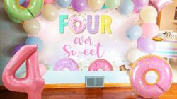 Backdate 3 RGT PCS Four Ever Sweet Birthday Decorations For Girl Donut Th Birthday  Party Decorations Background Balloons, Garland Arch, Donut Th Birthday