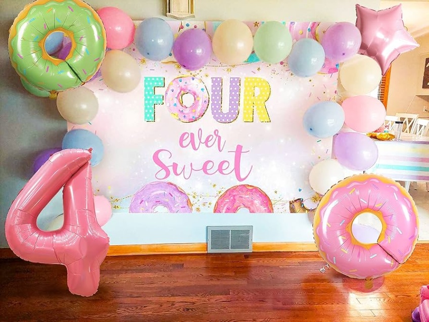 Backdate 3 RGT PCS Four Ever Sweet Birthday Decorations For Girl Donut Th Birthday  Party Decorations Background Balloons, Garland Arch, Donut Th Birthday