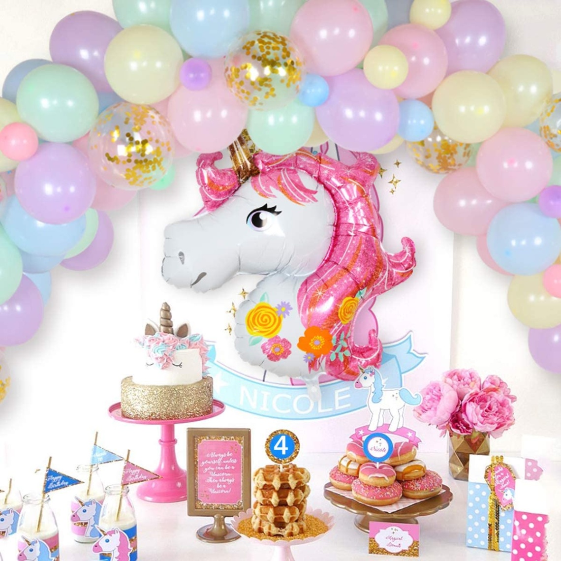 Backdate 3 Unicorn Th Birthday Decorations For Girls - Balloon Garland Arch Kit  Pastel , Rainbow Unicorn Birthday Party Supplies For  Year Old  Pcs