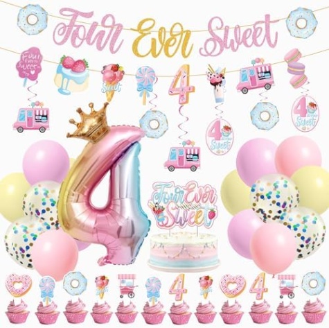 Backdate 4 Four Ever Sweet Birthday Decorations Girl  Ice Cream Birthday Party  Decorations With Donut Banner Ice Cream Cake Toppers Th Foil Balloon Arch  For