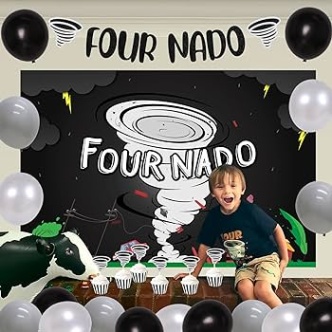 Backdate 4 Tornado Birthday Party Decorations, Fournado Th Fourth Birthday Party  Supplies, FOUR NADO Backdrop Banner Cake Topper Balloons For  Years Old  Boys