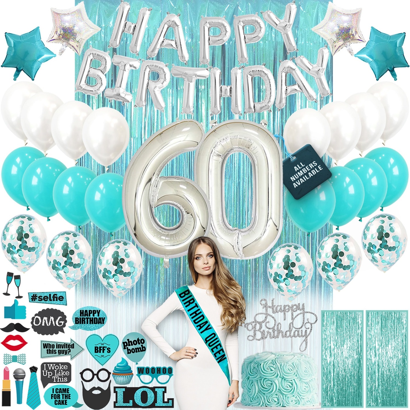 Backdate 5 Th Birthday Decorations, Th Birthday Party Supplies, Sixty Birthday  Banner Teal Green, Confetti Balloons Her,  Cake Topper