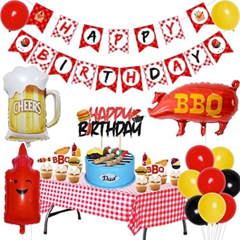 Niche Utama 1 BBQ Birthday Party Decorations BabyQ Happy Birthday Banner Cupcake Toppers  Red Checkered Picnic Tablecloth Pig Sauce Bottle Balloons For Picnic Party