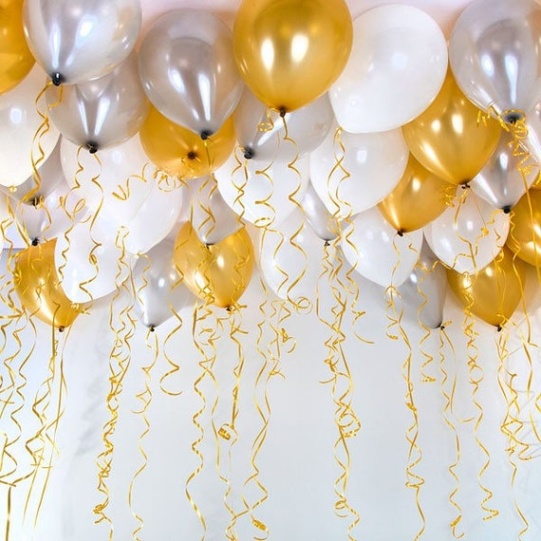 Niche Utama 1 Gold White Silver Ceiling Balloons // Gold Ribbon // Birthday