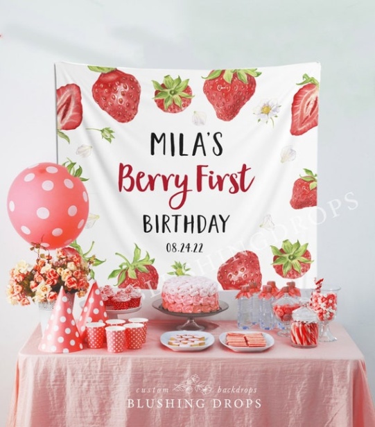 Niche Utama 1 Strawberry Birthday Banner, Berry First Birthday Decorations, Girl