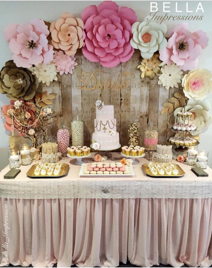 Niche Utama 2 Blush & Gold Dessert Table With Paper Flower Backdrop