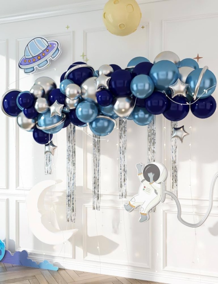 Niche Utama 2 HOUSE OF PARTY Space Balloon Arch Kit - Metallic Blue, Pearl Navy, Silver  And Galaxy Astronaut Balloons