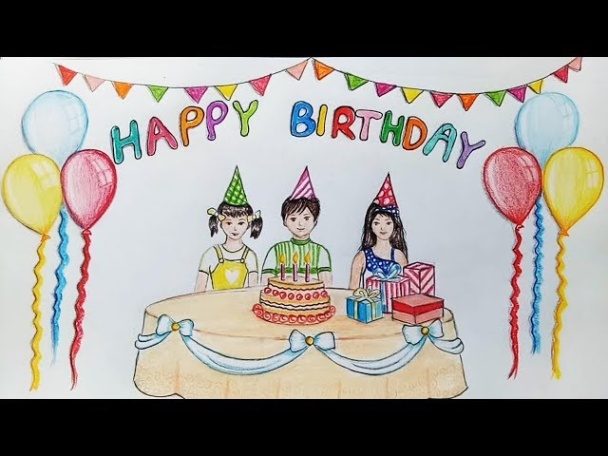 birthday decoration drawing Niche Utama 2 How to draw scenery of birthday party step by step - YouTube