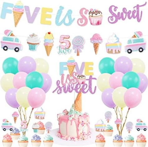 Niche Utama 2 Ice Cream Th Birthday Party Decorations, Five Is So Sweet Party Banner  Cake Cupcake Toppers Macaron Balloon For Summer Girls Ice Cream Th  Birthday