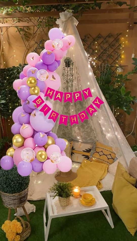 Niche Utama 2  Pc Cabana Tent Birthday Decoration Set Pink Purple Balloons White Net  For Cabana Theme Party With Led Lights With Pink Banner Romantic Dinner