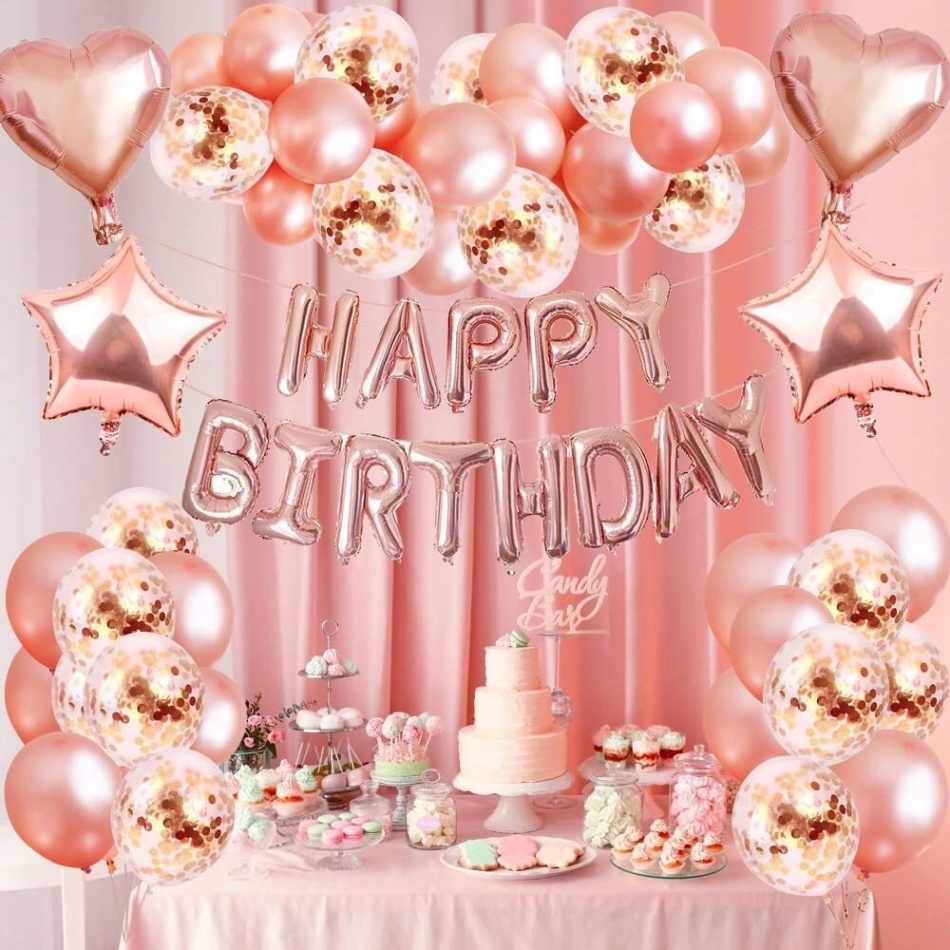 Niche Utama 2 Pcs Birthday Decorations, Rose Gold Birthday Party Decorations Set Pink,  Princess Party Supplies Kits With Confetti Balloons, Happy Birthday Banner