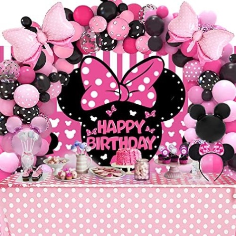 Niche Utama 2 Pink Mouse Birthday Party Supplies For Girls Birthday Decorations Includes  - Pink Mouse Backdrop Tablecloth Headband And Balloons Garland For Pink