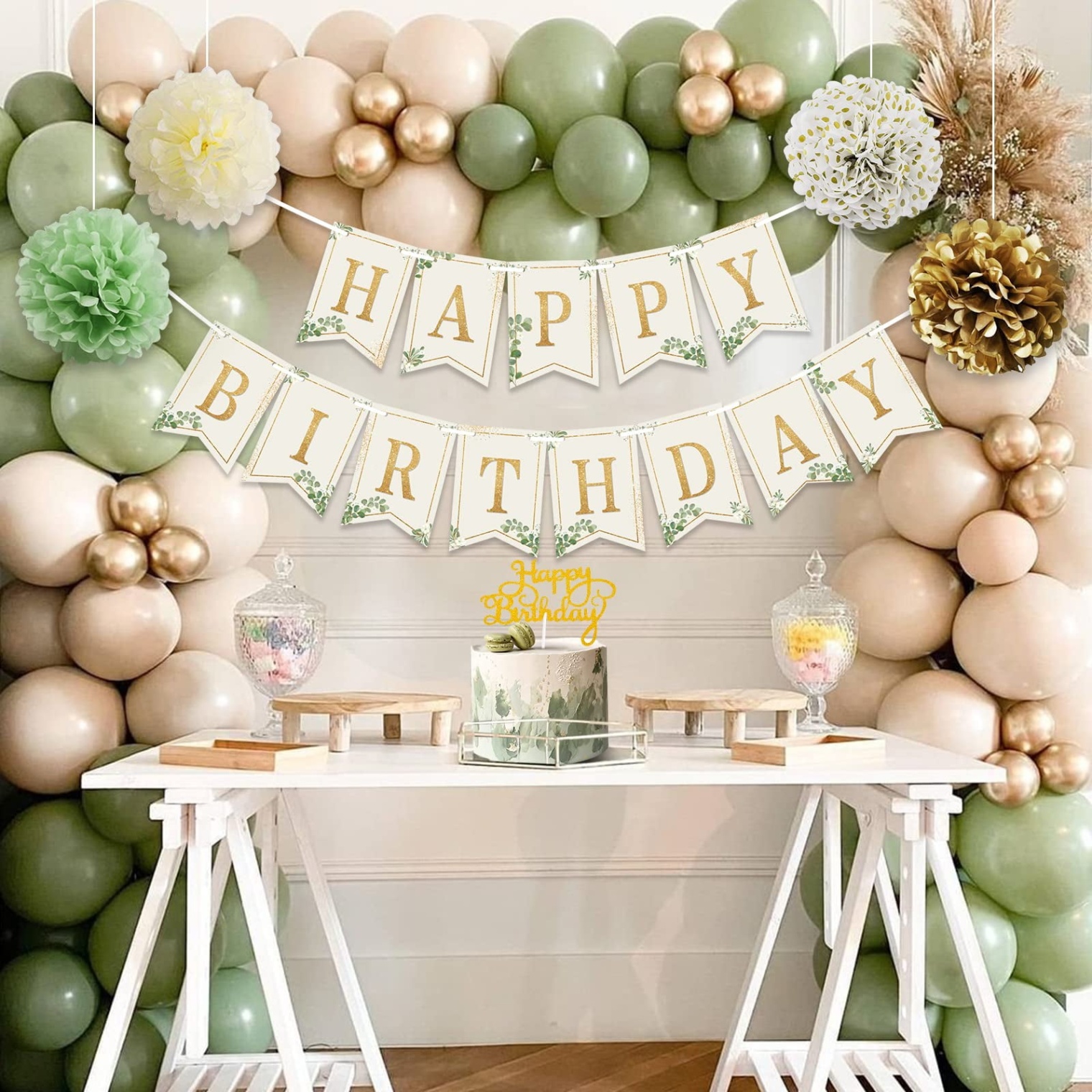 Niche Utama 2 Sage Green Happy Birthday Party Decorations Retro Green Nude Ivory Balloons  Neutral Rustic Boho Blush Safari Greenery Wild Décor Supplies Women Adults